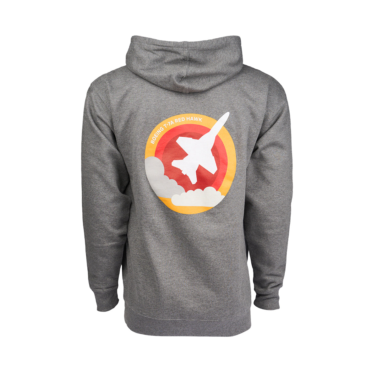 Full product image of the back side of the hooded sweatshirt in a grey color.  Showing the Skyward graphic of the Boeing T-7A Red Hawk.