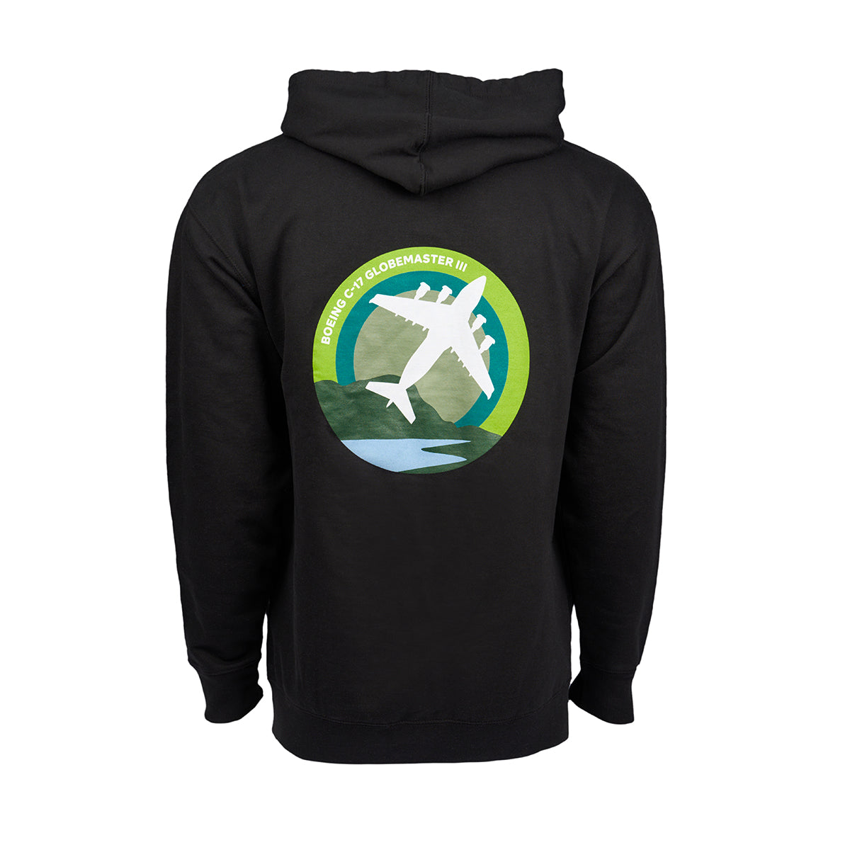 Full product image of the back side of the hooded sweatshirt in a black color.  Showing the Skyward graphic of the Boeing C-17 Globemaster.