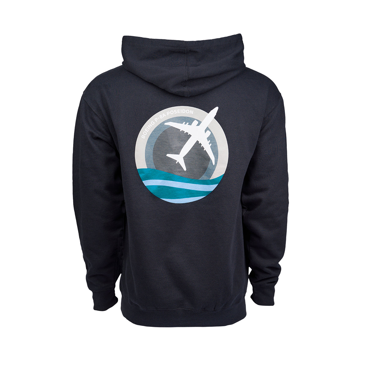 Full product image of the back side of the hooded sweatshirt in a navy blue color.  Showing the Skyward graphic of the Boeing P-8 Poseidon