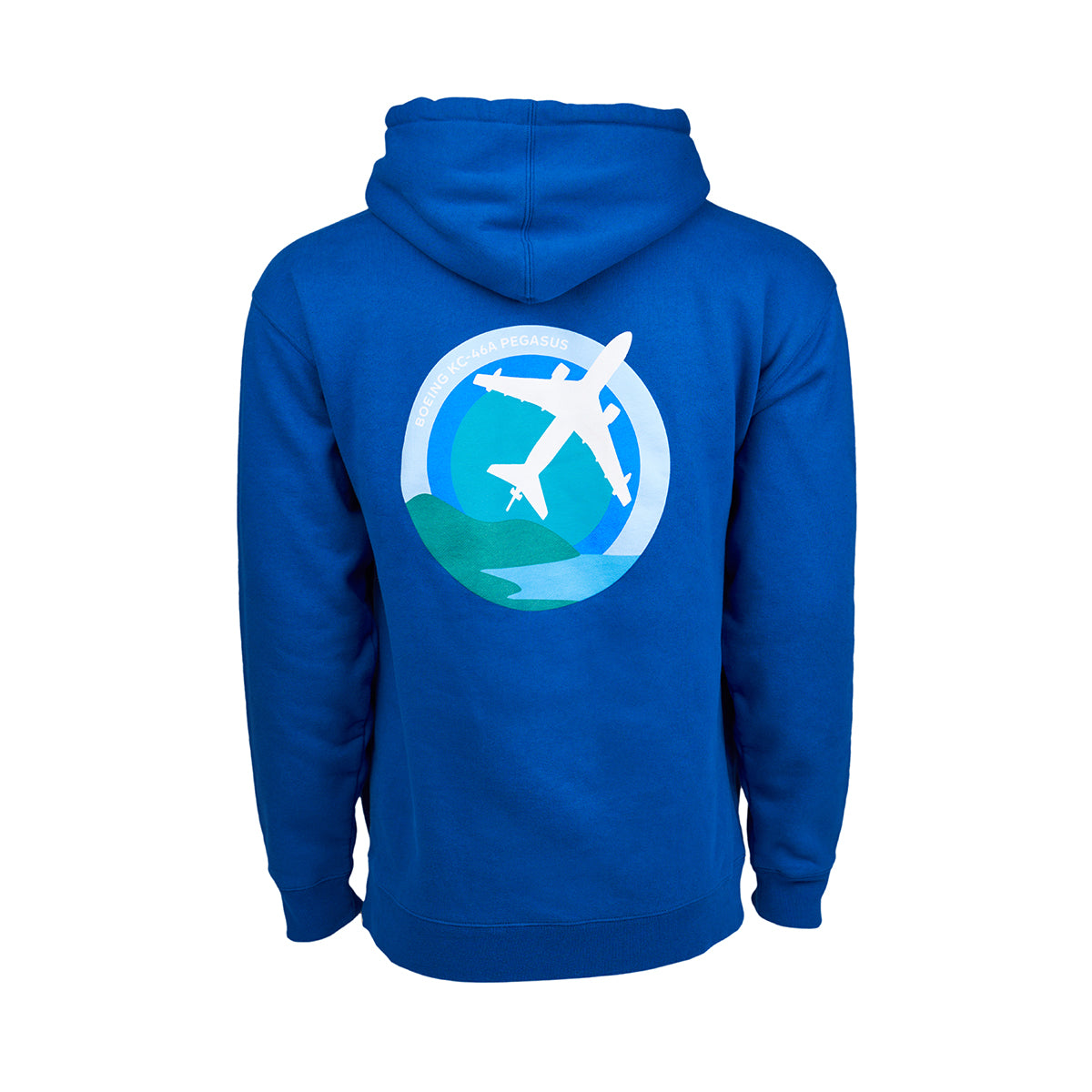 Full product image of the back side of the hooded sweatshirt in a royal blue color.  Showing the Skyward graphic of the Boeing KC-46 Pegasus.