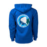 Full product image of the back side of the hooded sweatshirt in a royal blue color.  Showing the Skyward graphic of the Boeing CST-100 Starliner