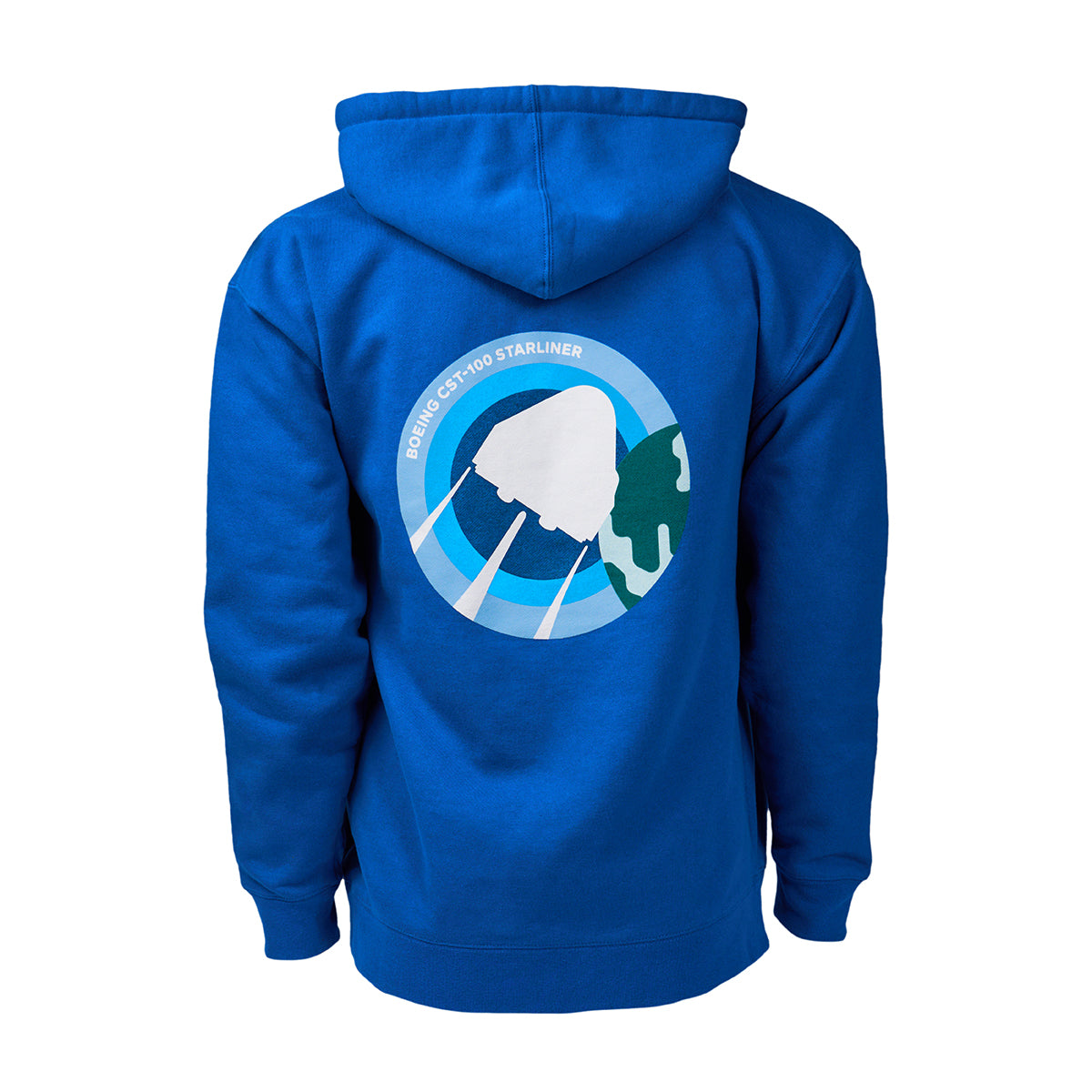 Full product image of the back side of the hooded sweatshirt in a royal blue color.  Showing the Skyward graphic of the Boeing CST-100 Starliner