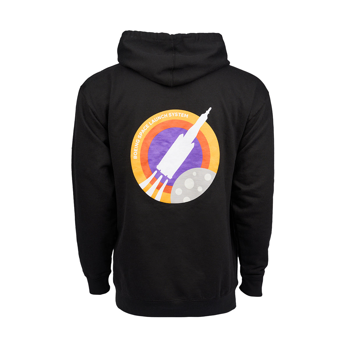 Full product image of the back side of the hooded sweatshirt in a black color.  Showing the Skyward graphic of the Boeing Space Launch System.