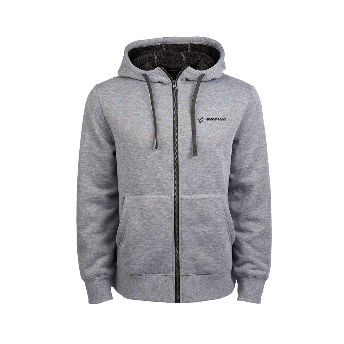 Full product image of the hooded sweatshirt in a grey heather color.  Full-zip with 2 front pockets.  Black Boeing logo on left chest.  