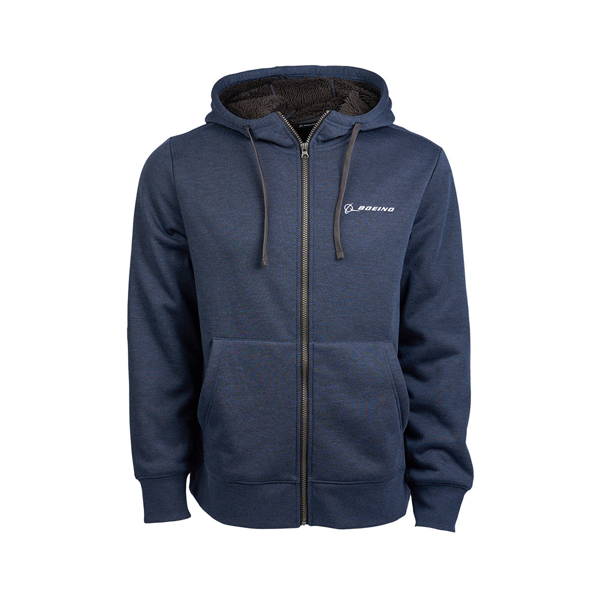 Full product image of the hooded sweatshirt in a navy heather color.  Full-zip with 2 front pockets.  White Boeing logo on left chest.  