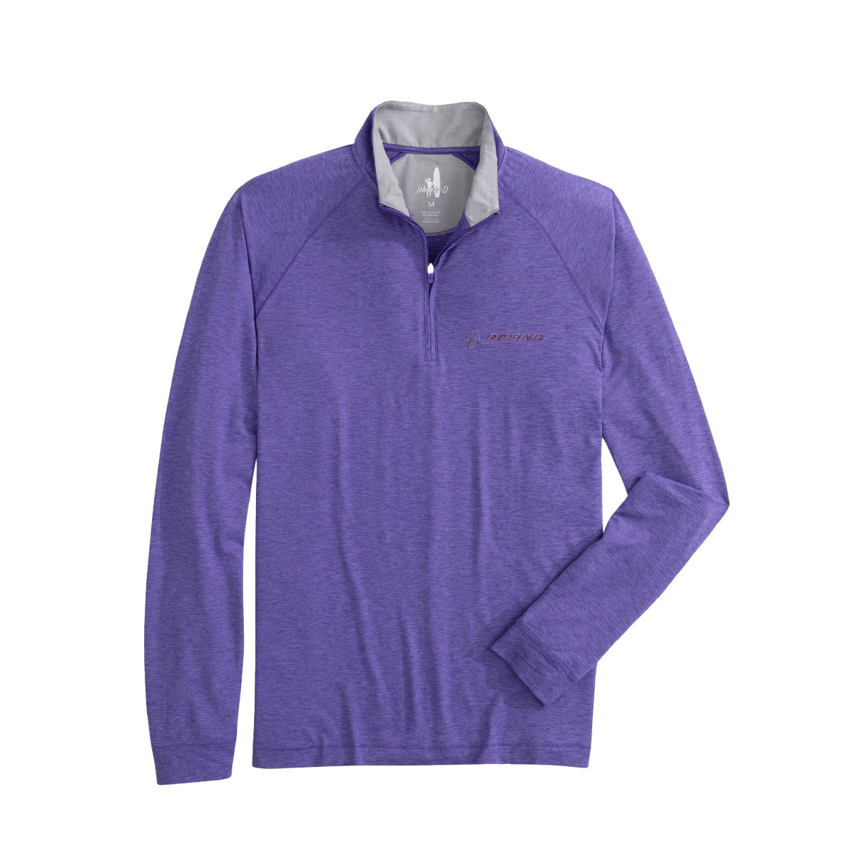 Full product image of the quarter-zip in a purple color. Grey color on the inner collar side. Purple Boeing signature logo on left chest. 