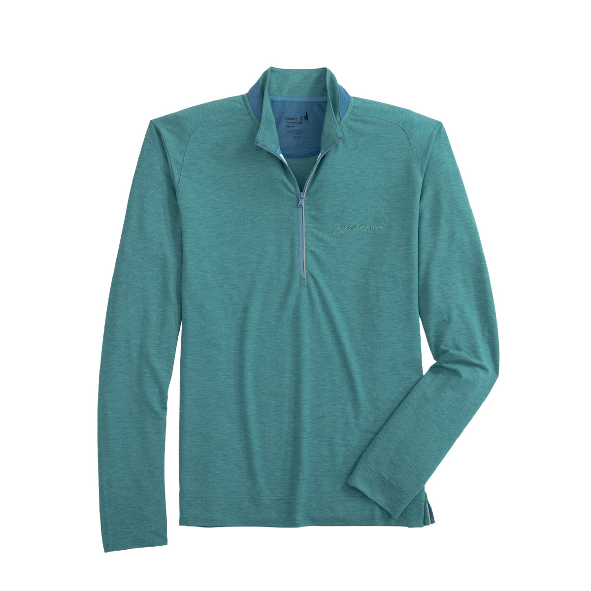 Full product image of the quarter-zip in a green grass color.  Green Boeing logo on left chest.