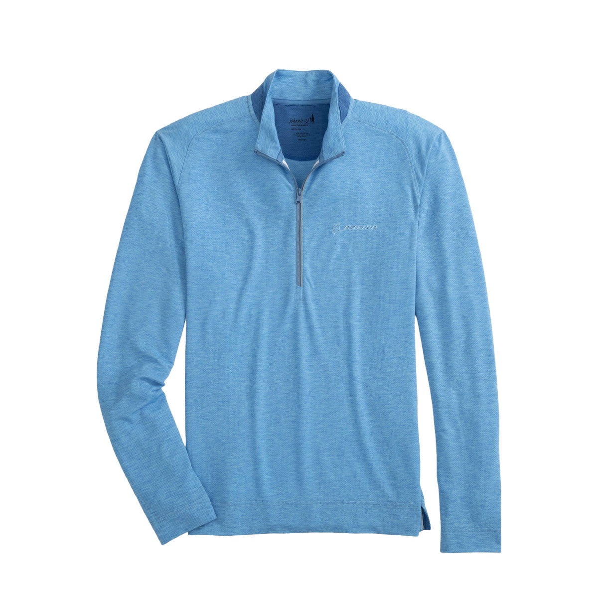 Full product image of the quarter-zip in a riviera blue color.  Blue Boeing logo on left chest.