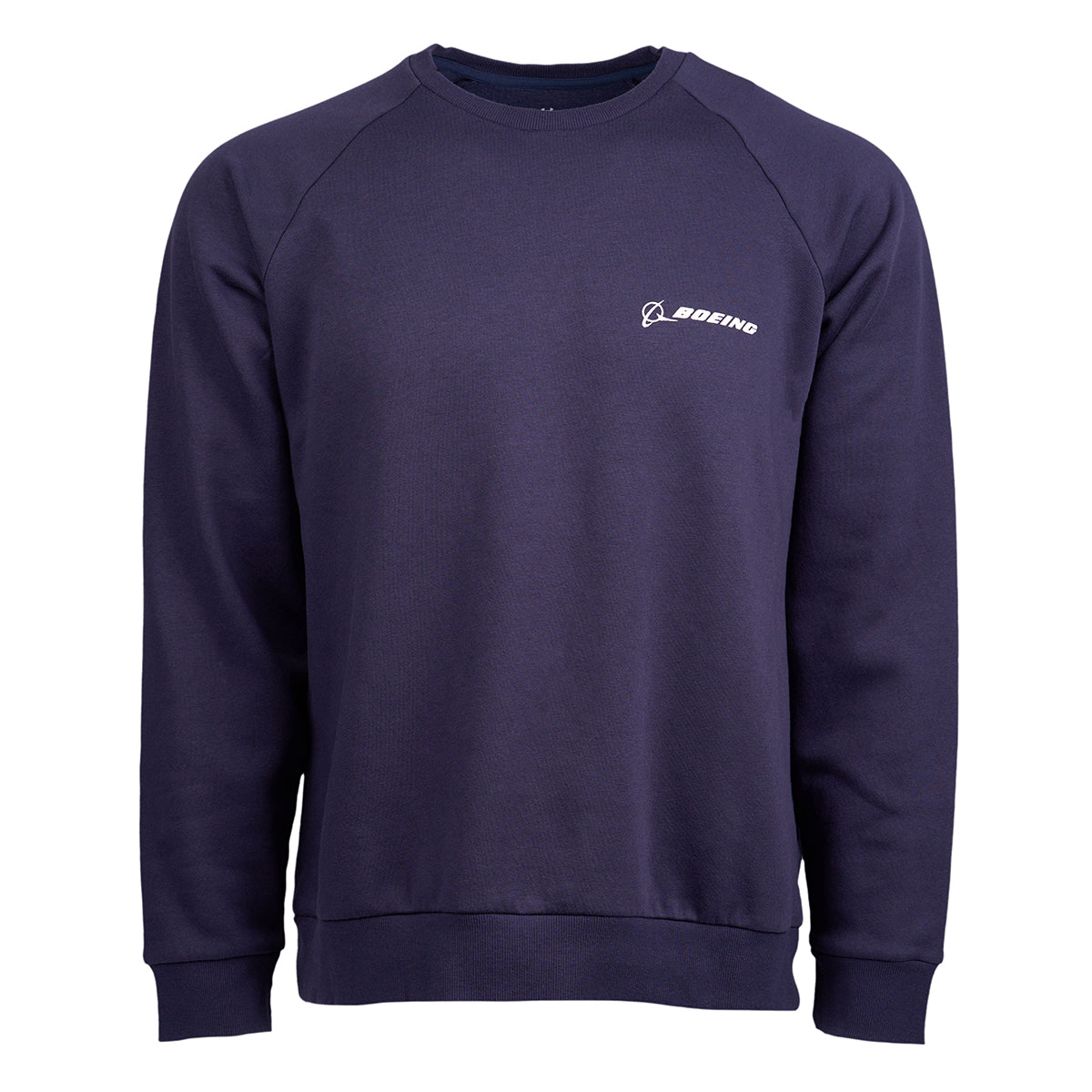 Full product image of the crewneck sweater in navy with white Boeing logo printed on left chest.