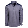 Full product image of the quarter-zip in mostly a heather grey color with navy panels on the shoulders.  Under Armour logo on the left arm.  White Boeing logo printed on left chest.