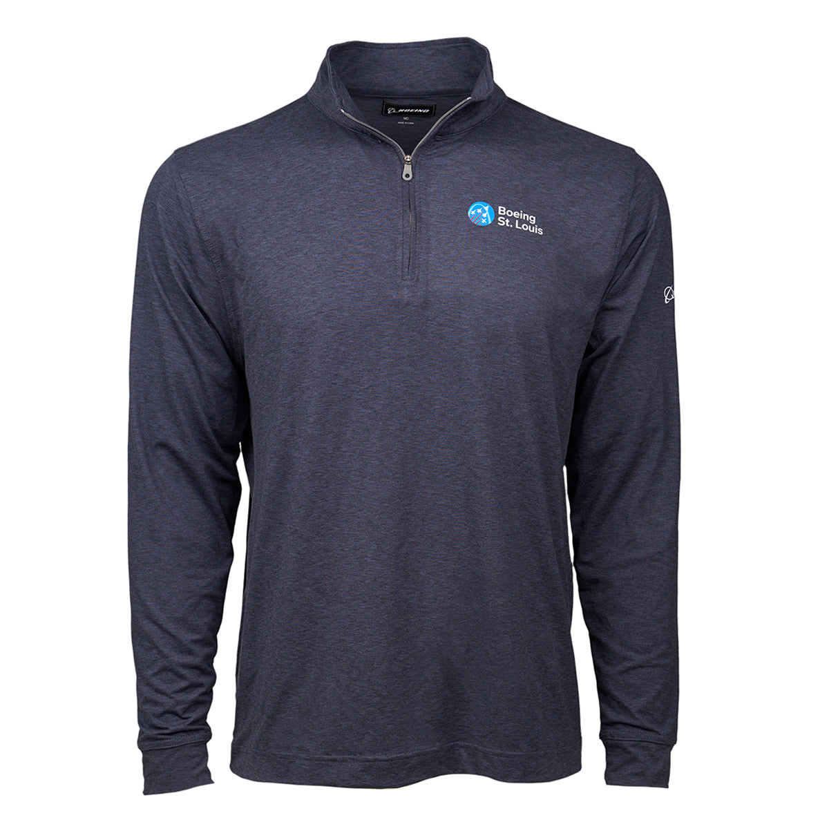 Product image of the quarter-zip in navy  Boeing St. Louis logo on left chest area.  White Boeing logo on left sleeve.