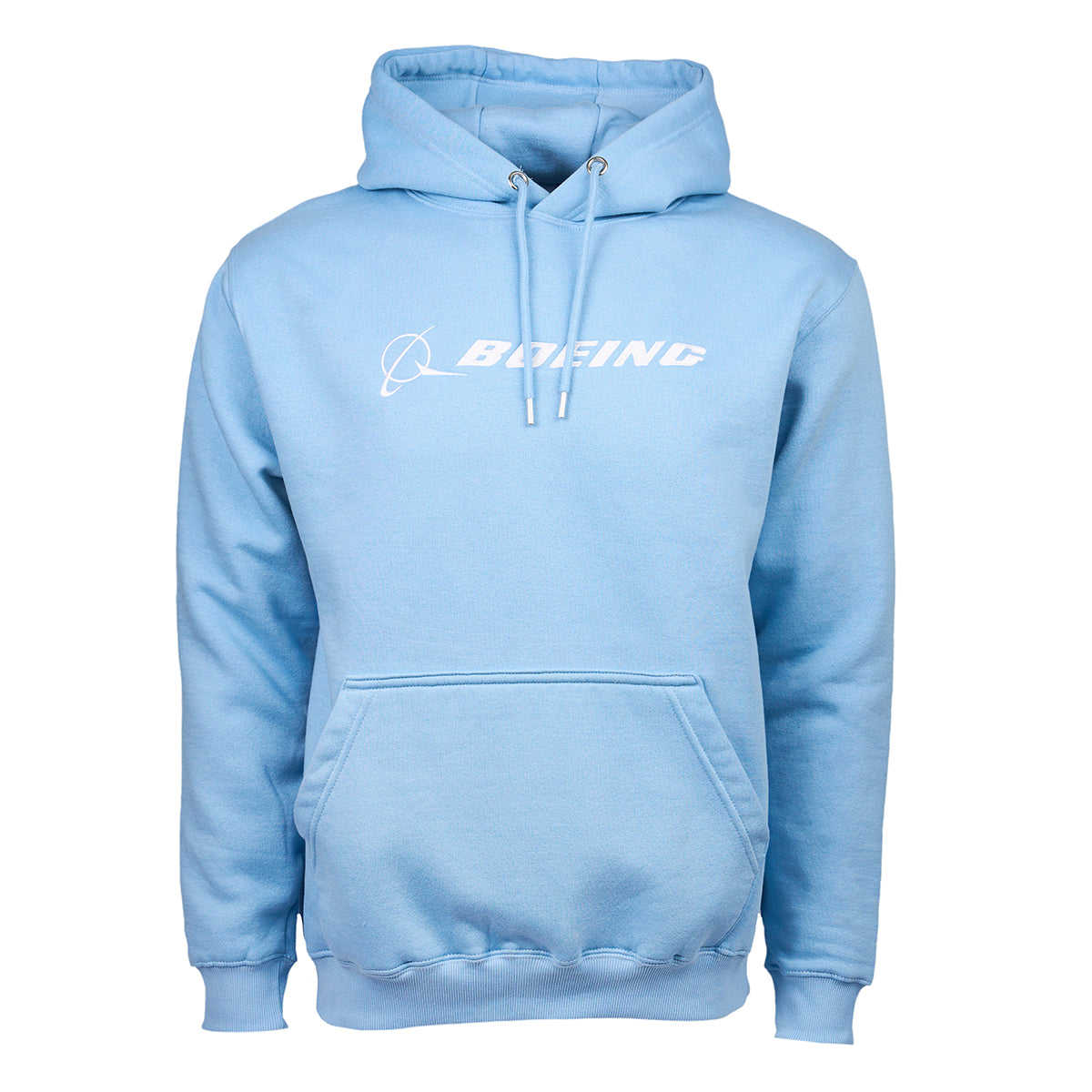 Adult hoodie in light blue color with white Boeing signature logo across the chest.  Kangaroo front pouch pocket 