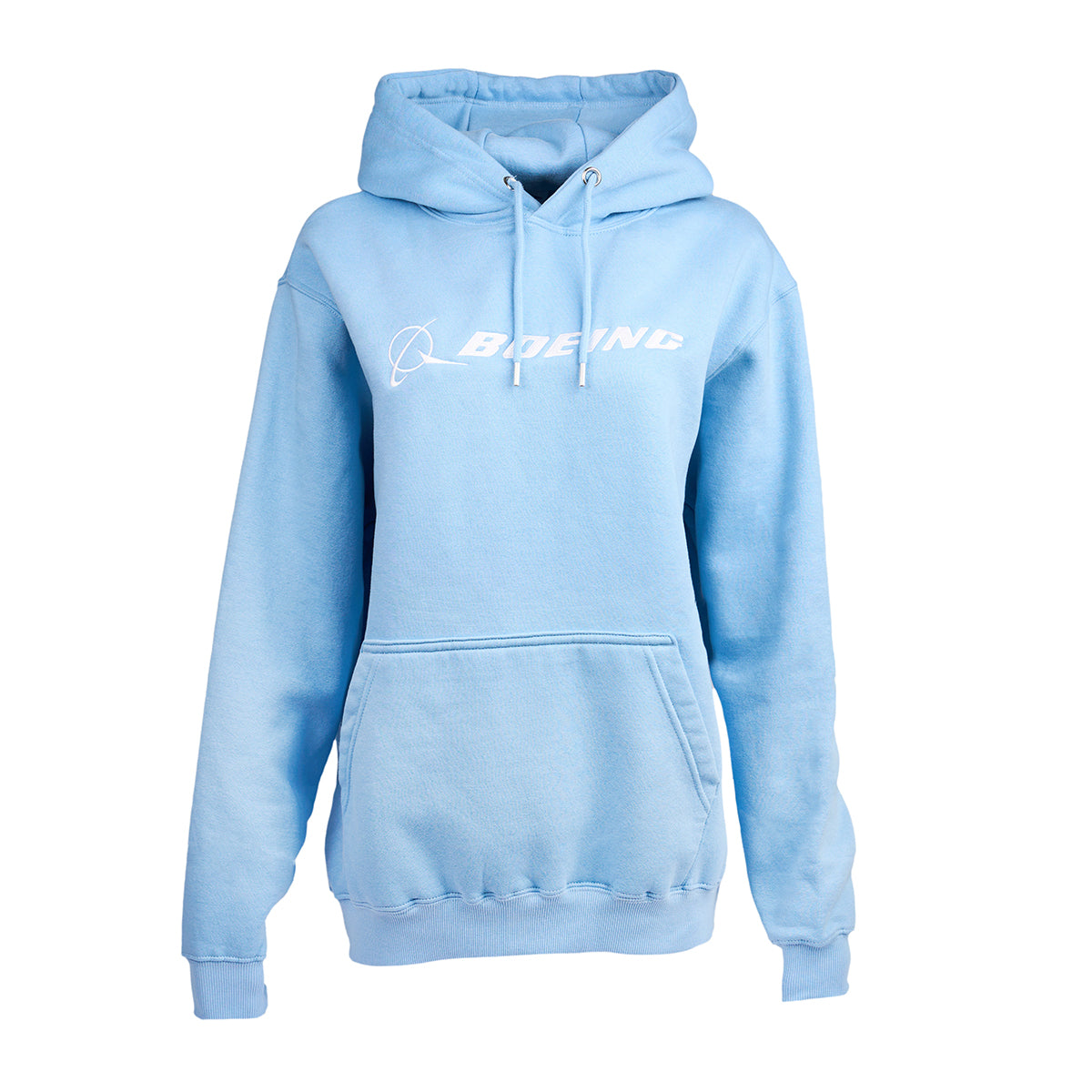 Shown on a women mannequin, adult hoodie in light blue color with white Boeing signature logo across the chest.  Kangaroo front pouch pocket.