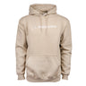 Adult hoodie in sand color with white Boeing signature logo across the chest.  Kangaroo front pouch pocket 