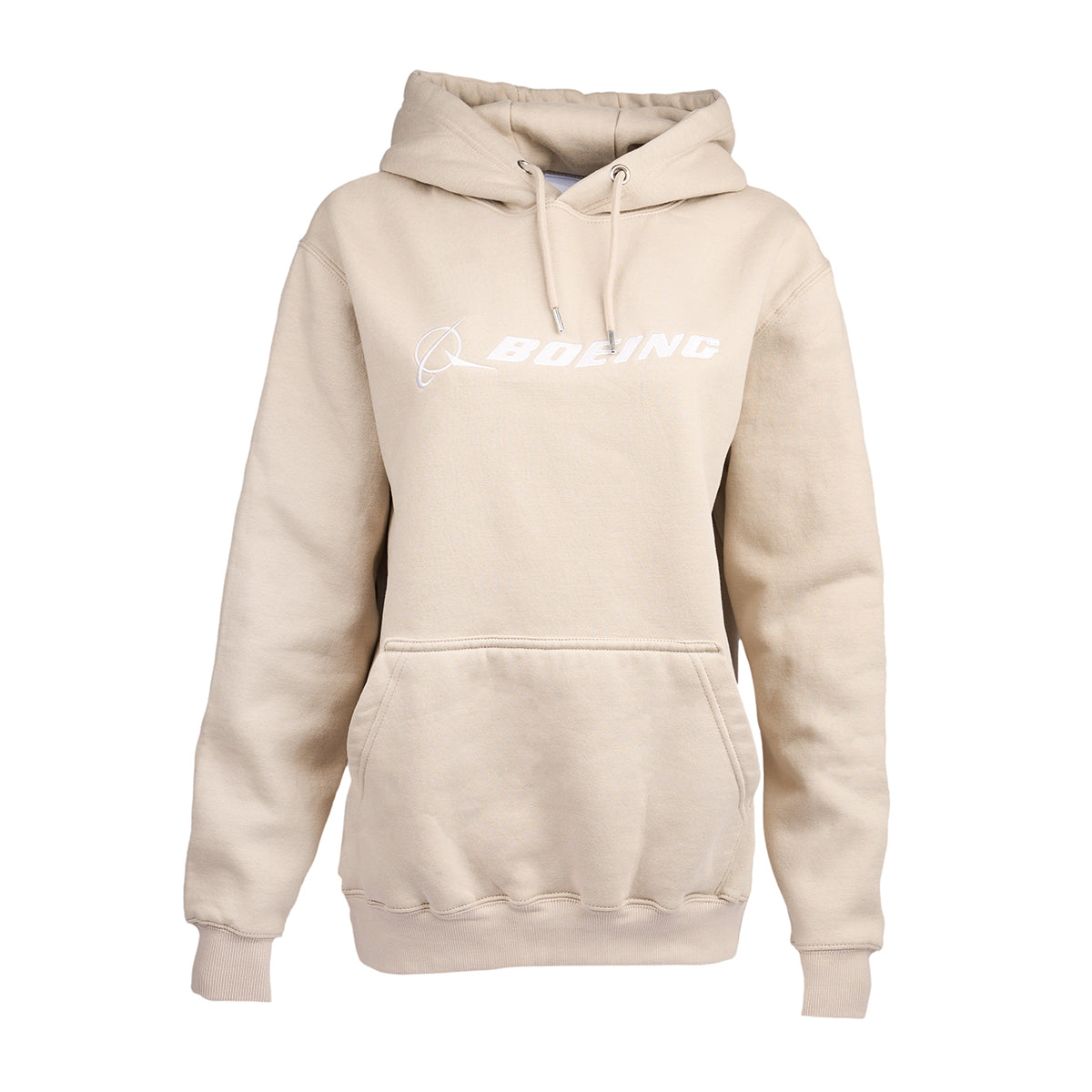 Shown on a women mannequin, adult hoodie in sand color with white Boeing signature logo across the chest.  Kangaroo front pouch pocket 