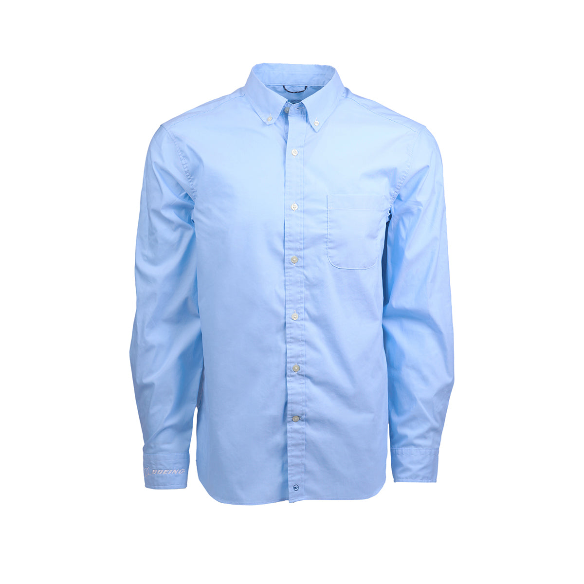 Full product image of the button-down in a light blue color. Left chest pocket.  7 buttons (top to bottom).  White Boeing signature logo on right sleeve (wrist area).