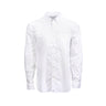 Full product image of the button-down in a white color. Left chest pocket.  7 buttons (top to bottom).  White Boeing signature logo on right sleeve (wrist area).