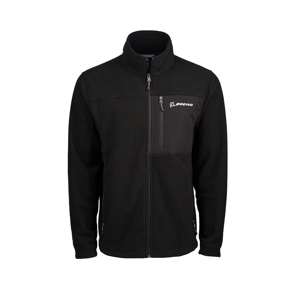 Full product image of the zip-up in black color.  2 pockets on each hip area and one pocket on left chest area.  White Boeing logo on left chest.