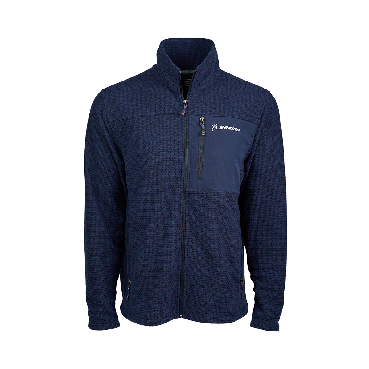 Full product image of the zip-up in navy color.  2 pockets on each hip area and one pocket on left chest area.  White Boeing logo on left chest.