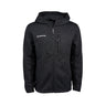 Full product image of the full-zip hooded fleece jacket in a black color.  2 front pockets on each side.  1 zippered pocket on the left chest.  White Boeing logo on right chest. 