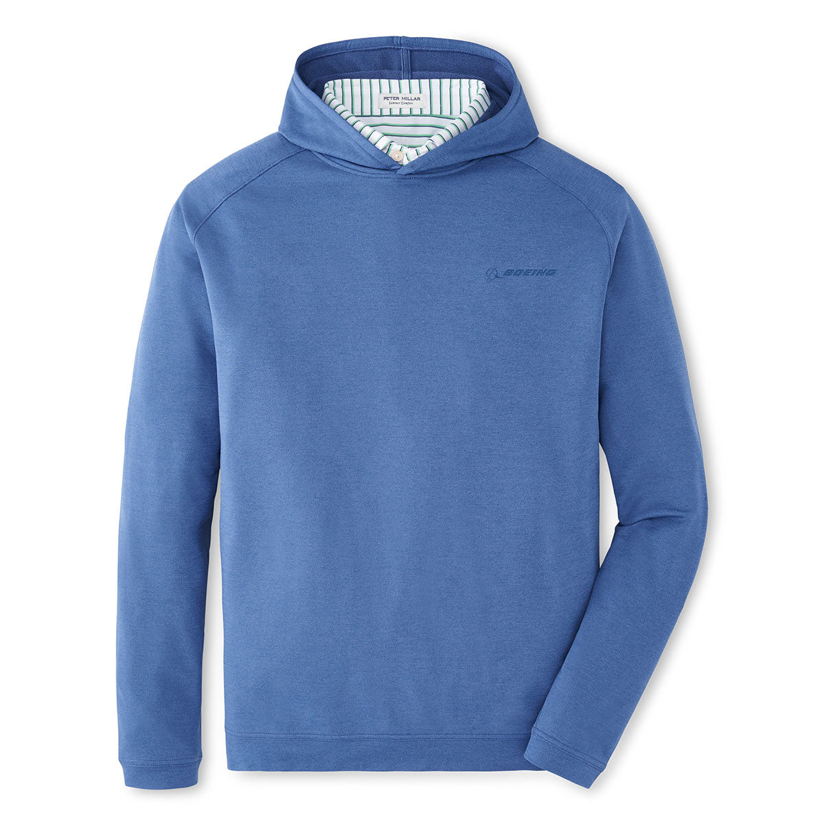 Pullover hoodie with Boeing signature logo on left chest.  Polo shown underneath for styling