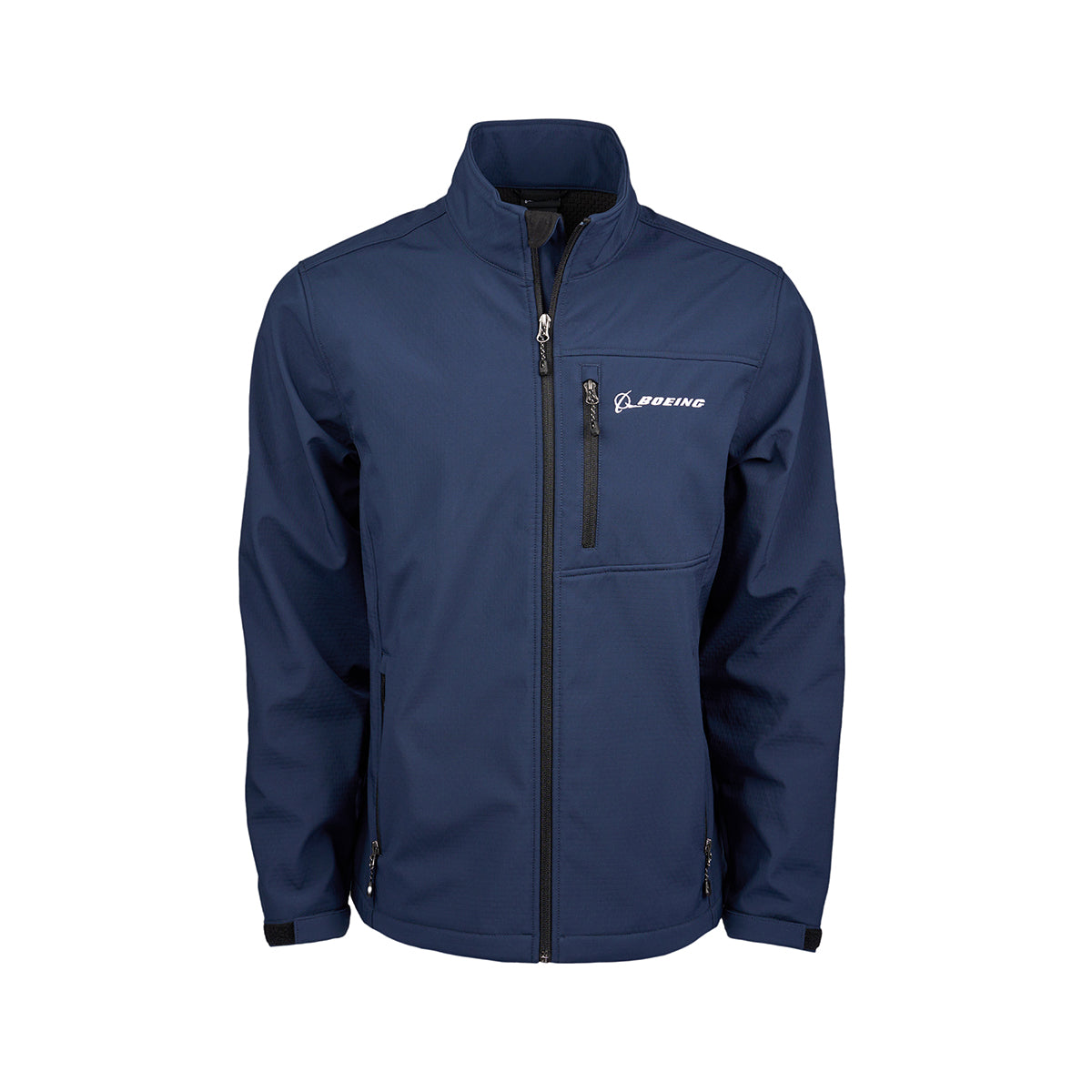 Full product image of the jacket in a navy color.  2 side pockets.  1 pocket on left chest with a white Boeing logo on left chest.