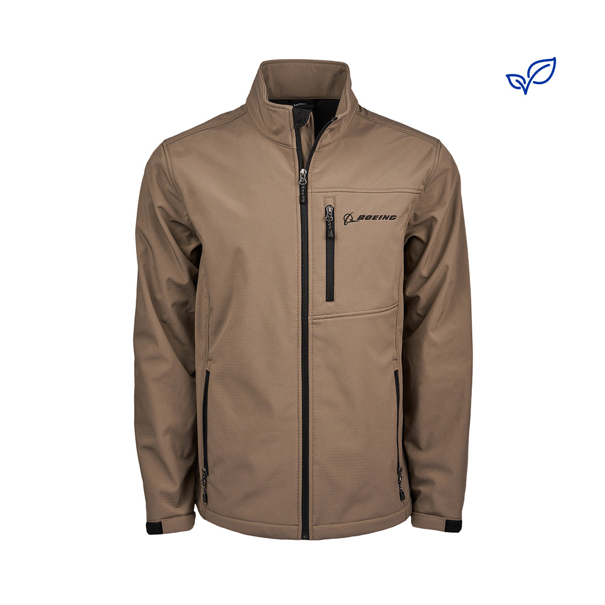 Full product image of the jacket in a putty color.  2 side pockets.  1 pocket on left chest with a black Boeing logo on left chest.