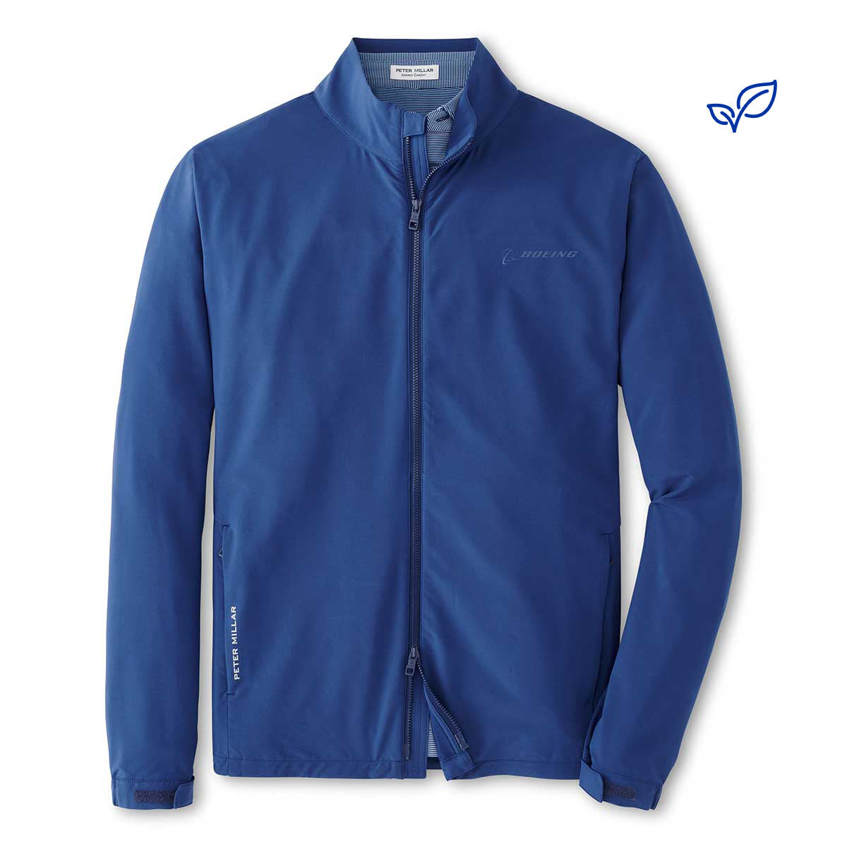 Full-zip jacket slightly unzipped at the top and bottom showing the 2-way zipper.  Boeing logo on left chest.  Peter Millar logo on right pocket. 