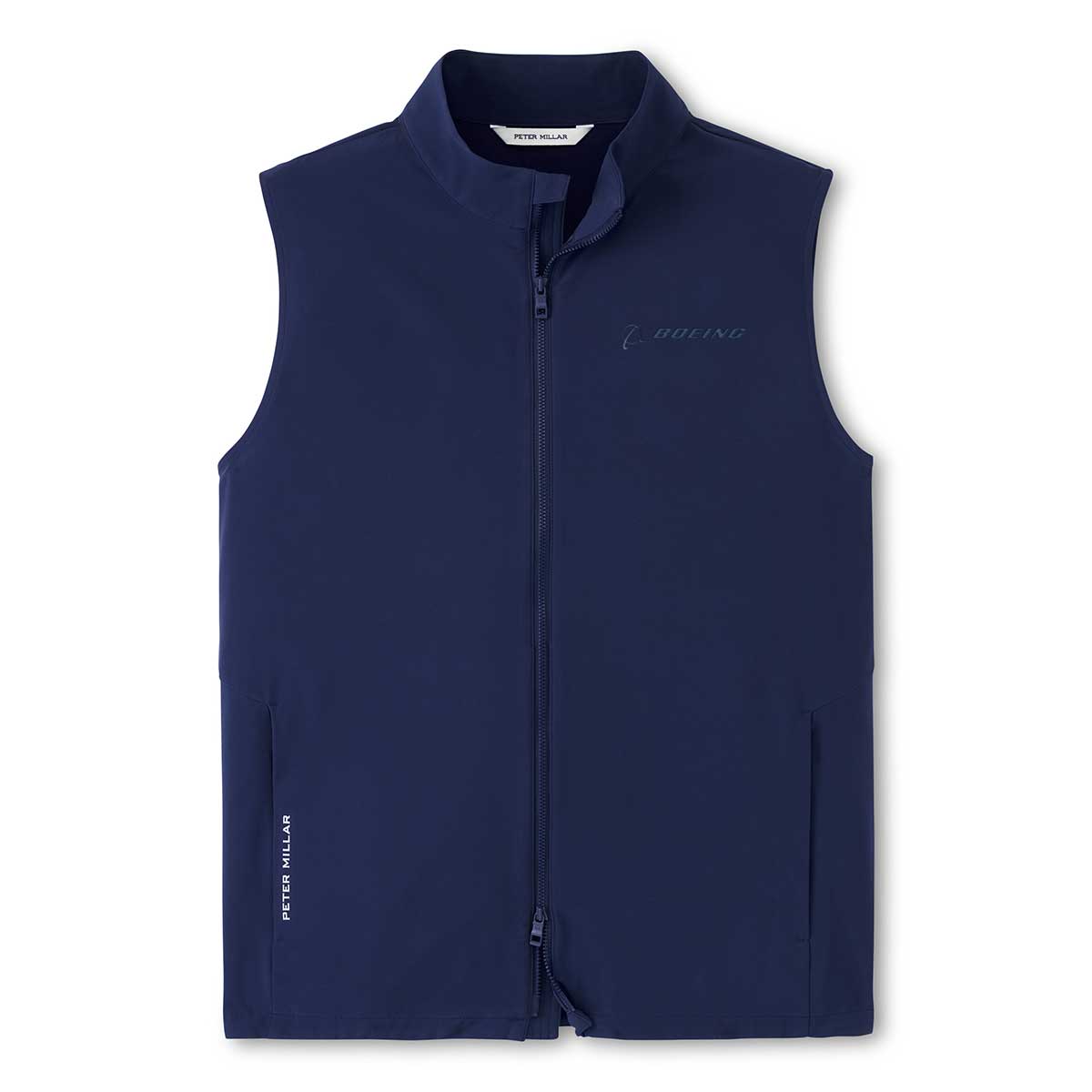 Dark blue sleeveless vest with a high collar and front zipper. The brand names "Boeing" and "Peter Millar" are subtly printed. Simple and sleek design.