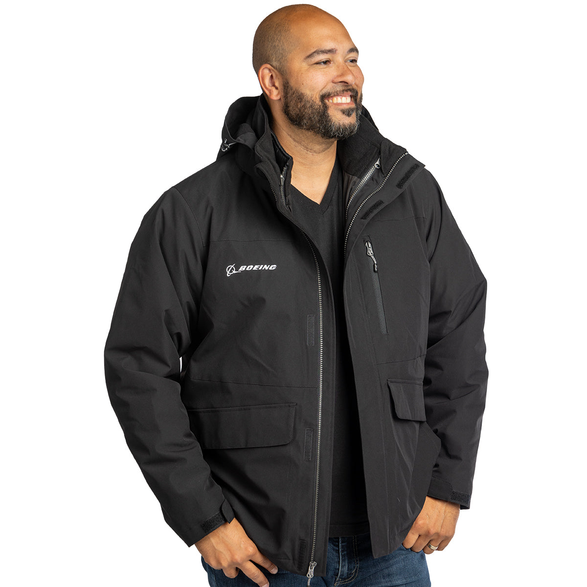 Boeing Company outlets Branded Parka Coat Mens Size Large Black Hooded Employee