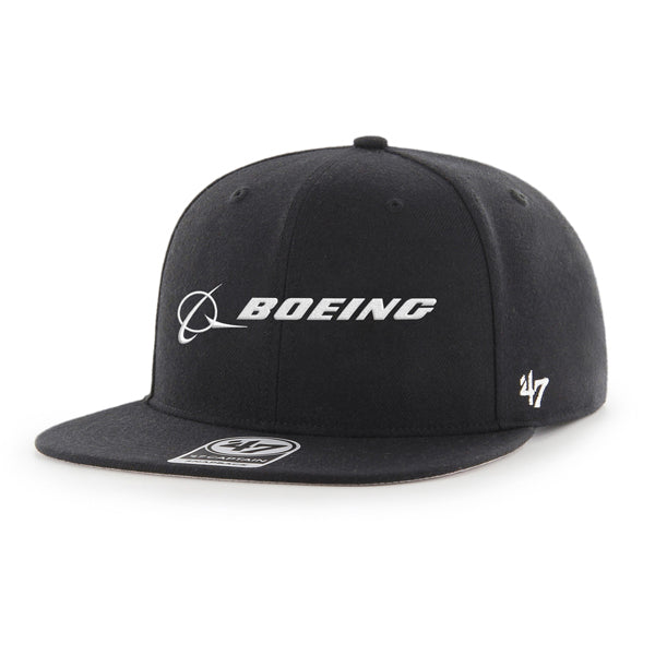 Full product image of the'47 Boeing Signature Logo Captain Hat in black color.  White Boeing signature logo front and center.  White '47 logo on the lower left panel next to the bill.