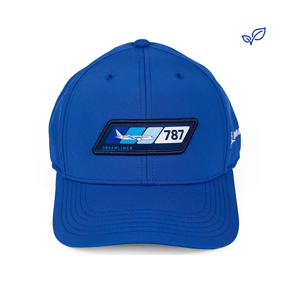 Product image of the hat in royal with the 787 Dreamliner Velocity graphic patch on the center. 