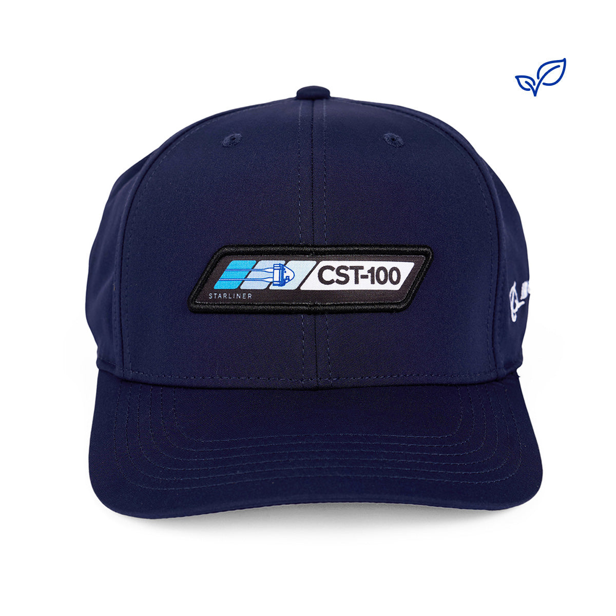 Product image of the hat in navy with the CST-100 Starliner Velocity graphic patch on the center. 