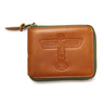 Zippered wallet in light brown leather.  Boeing Airplane logo on the front.