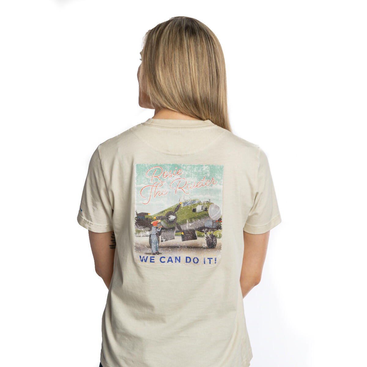 Boeing Rosie Women’s T-Shirt Lifestyle Back View in Oatmeal