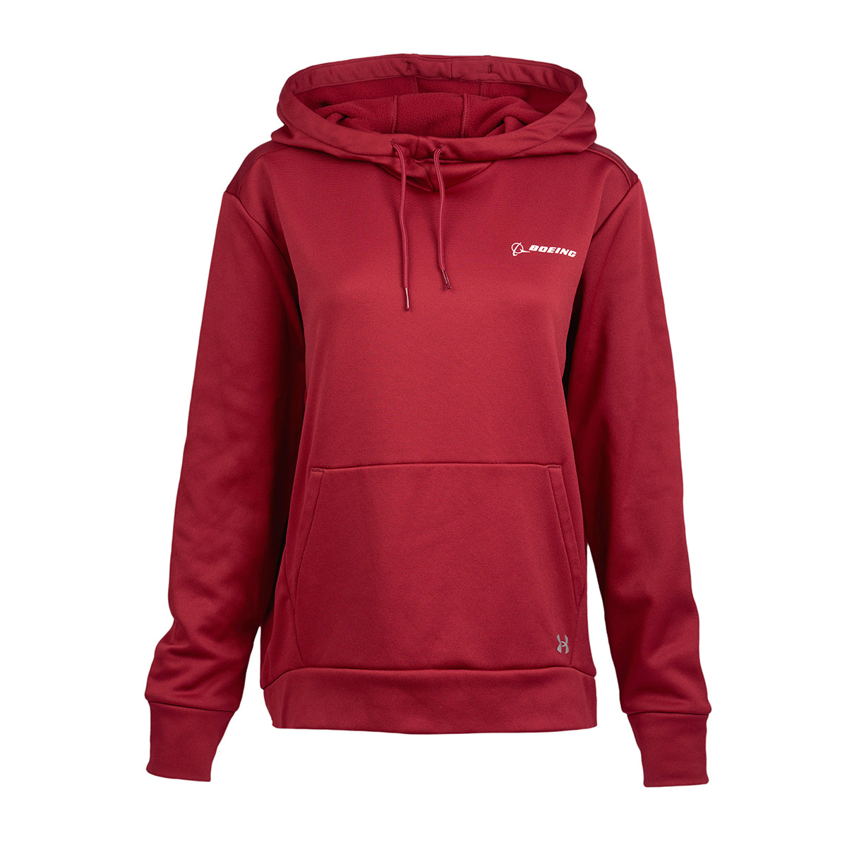 Full product image of the hoodie in a cardinal color.  Features front pouch pocket.  White Boeing logo on left chest.  Under Armour logo on lower left of pouch pocket. 