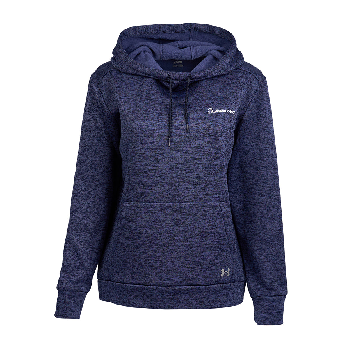 Full product image of the hoodie in a navy twist color.  Features front pouch pocket.  White Boeing logo on left chest.  Under Armour logo on lower left of pouch pocket. 