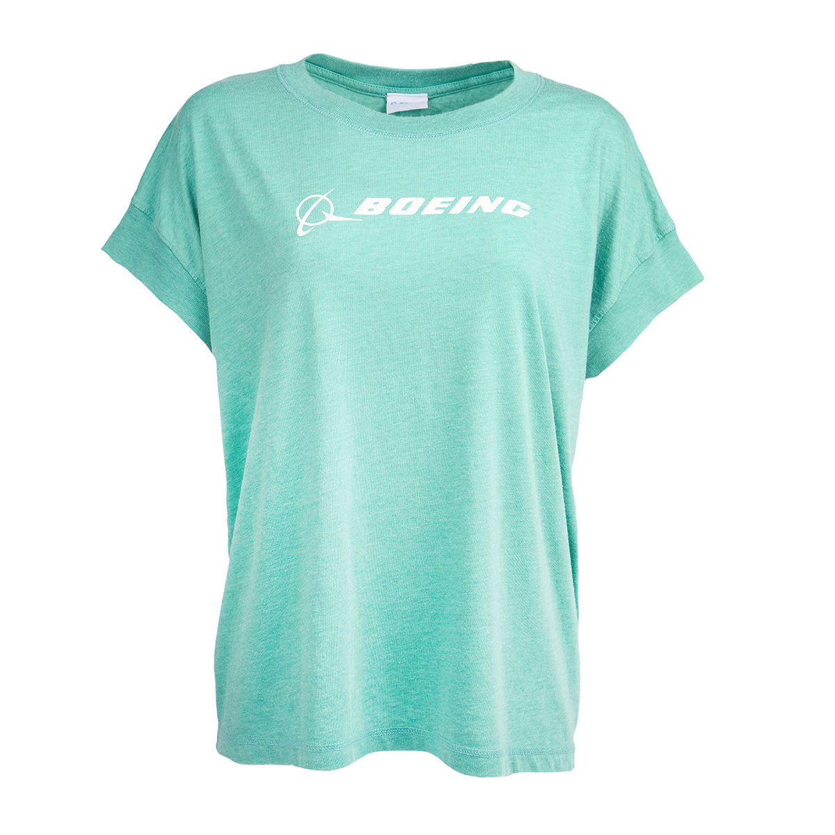 Vintage washed women's tee in celeste green color with white Boeing  signature logo across the chest