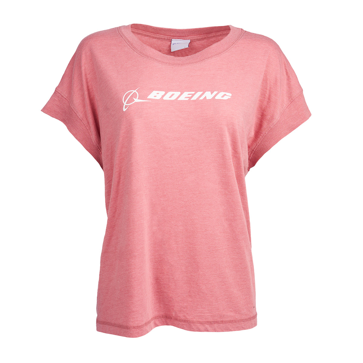 Vintage washed women's tee in a washed pink color with white Boeing  signature logo across the chest