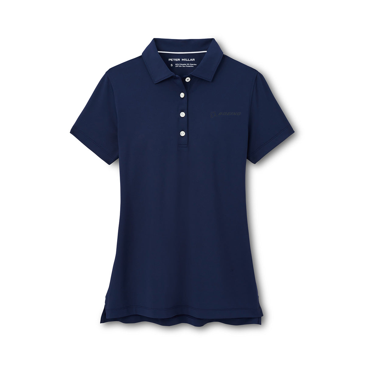 Full product image of the polo in a navy color. Navy Boeing signature logo on left chest. Featuring 4 buttons.