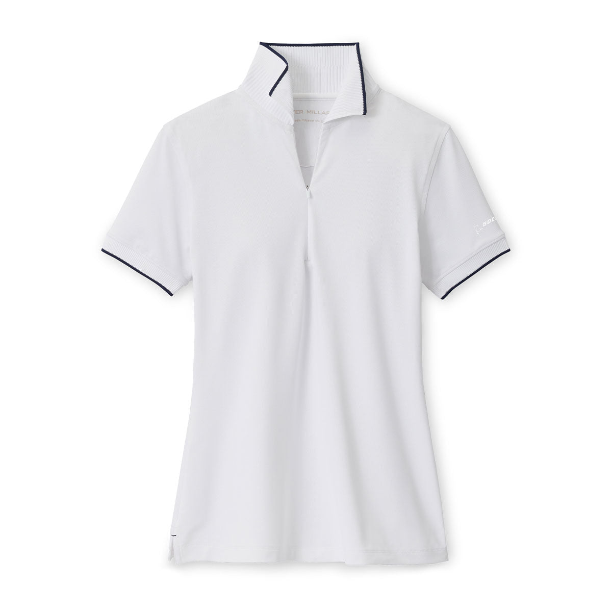 White women's polo with the zipper half-zipped.  White Boeing logo on left sleeve. Navy trim on sleeves and collar.