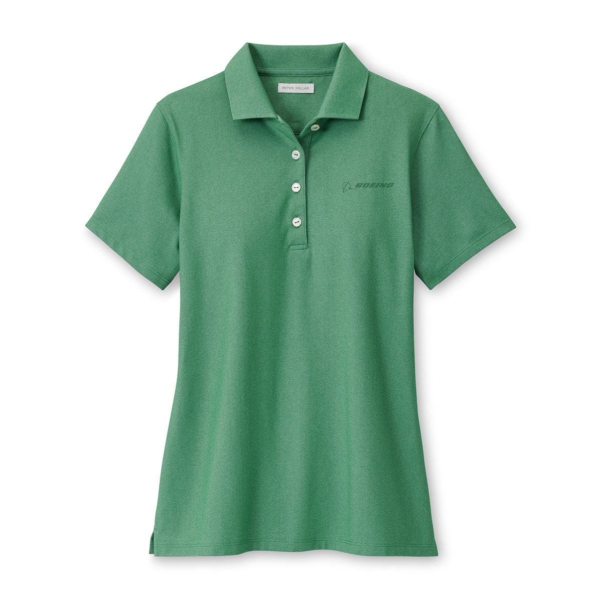 image of the polo  in field green color with Boeing logo on left chest. 4 button placket