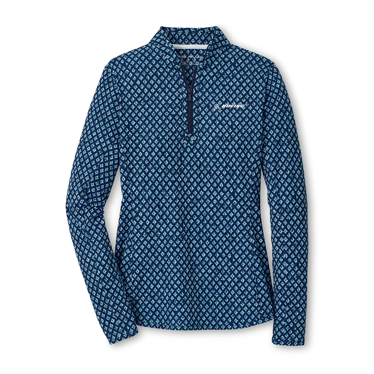 all over blue and green print quarter-zip.  White Boeing logo on left chest