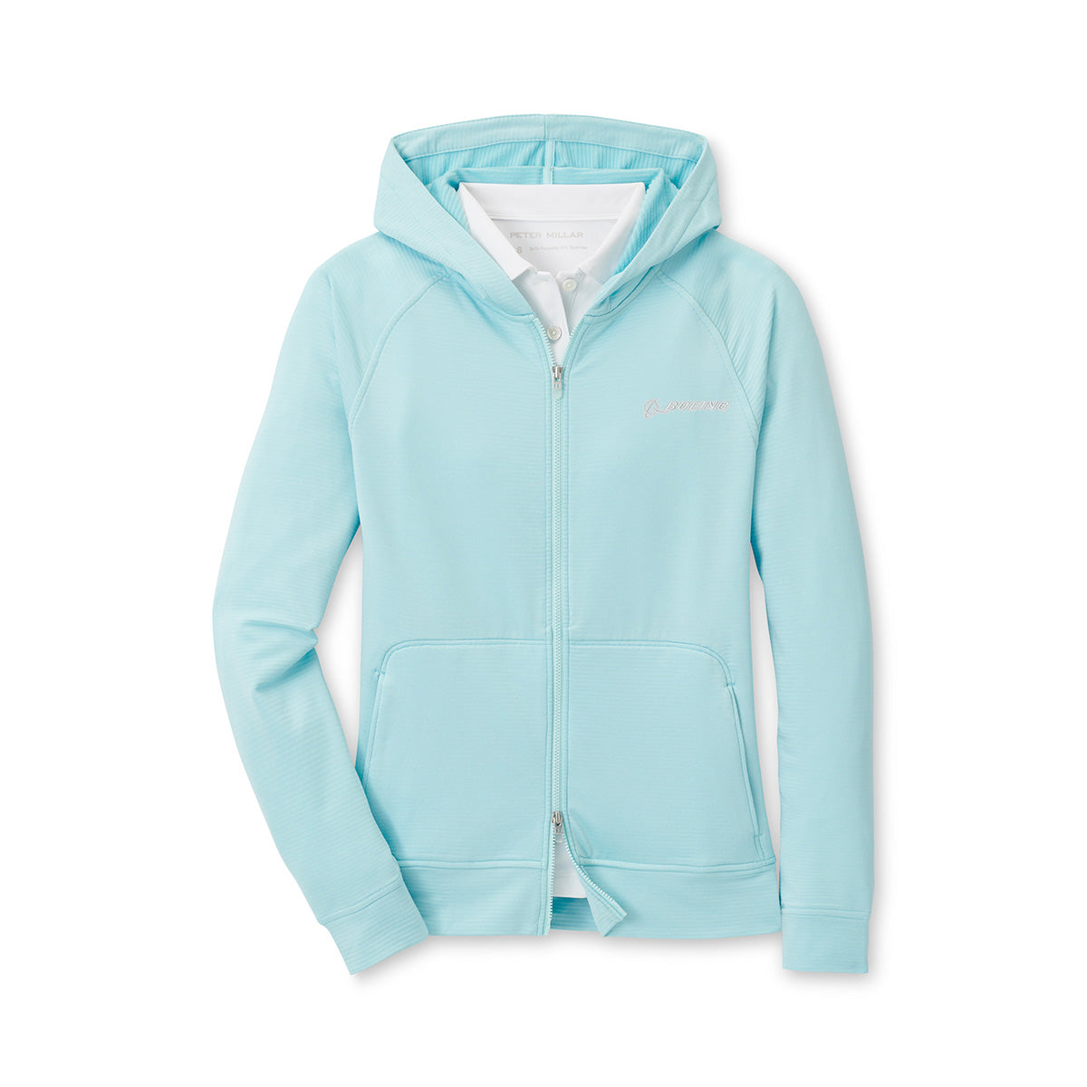 Full product image of the full zip hoodie in a blue spruce color.  White Boeing signature logo on left chest.  2 front side pockets.  2 way zipper.  Style with a white polo inside the hoodie.