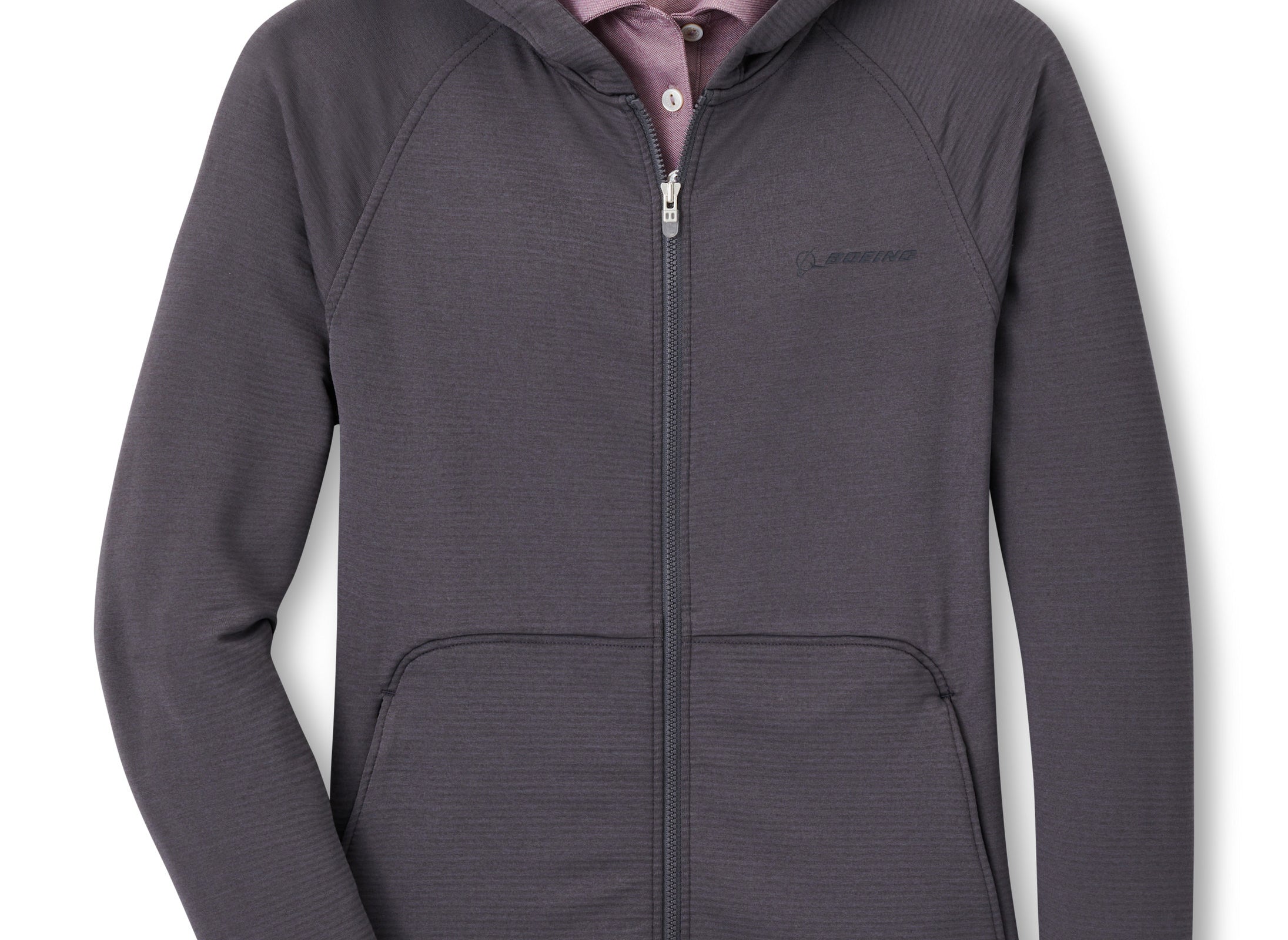 Full product image of the full zip hoodie in a graphite color.  White Boeing signature logo on left chest.  2 front side pockets.  2 way zipper.  Style with a burgandy polo inside the hoodie.