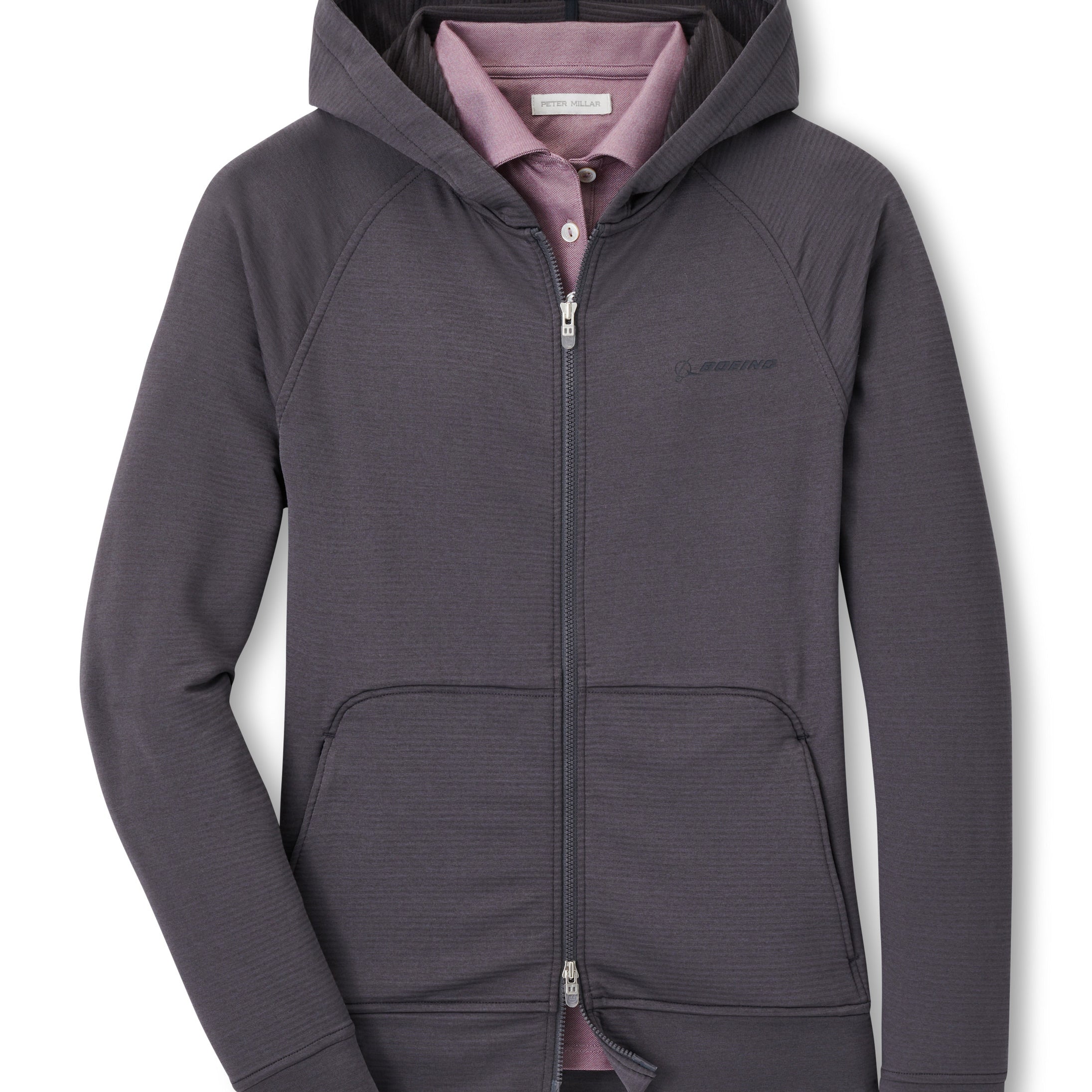 Full product image of the full zip hoodie in a graphite color.  White Boeing signature logo on left chest.  2 front side pockets.  2 way zipper.  Style with a burgandy polo inside the hoodie.