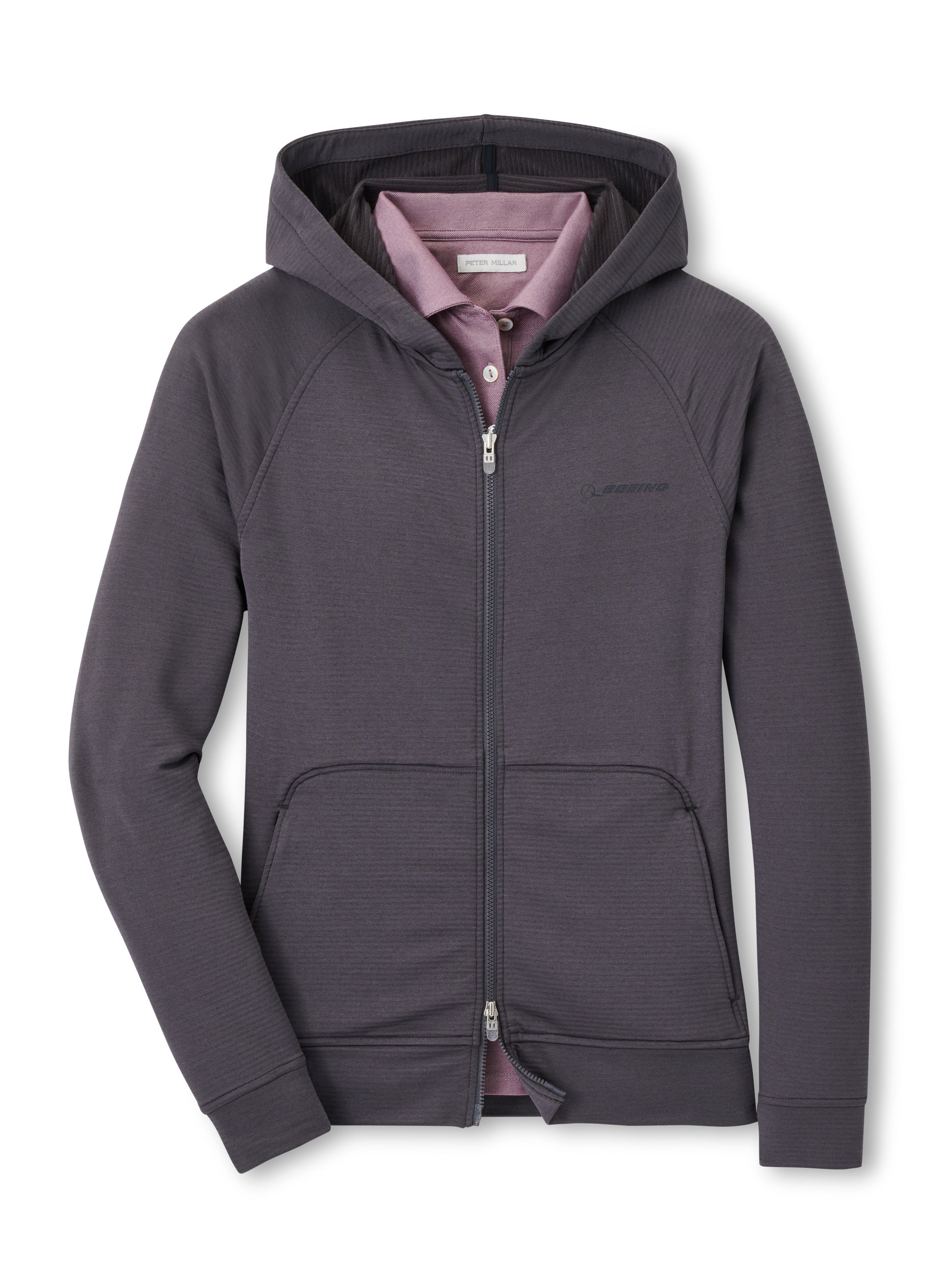 Full product image of the full zip hoodie in a graphite color.  White Boeing signature logo on left chest.  2 front side pockets.  2 way zipper.  Style with a burgandy polo inside the hoodie.