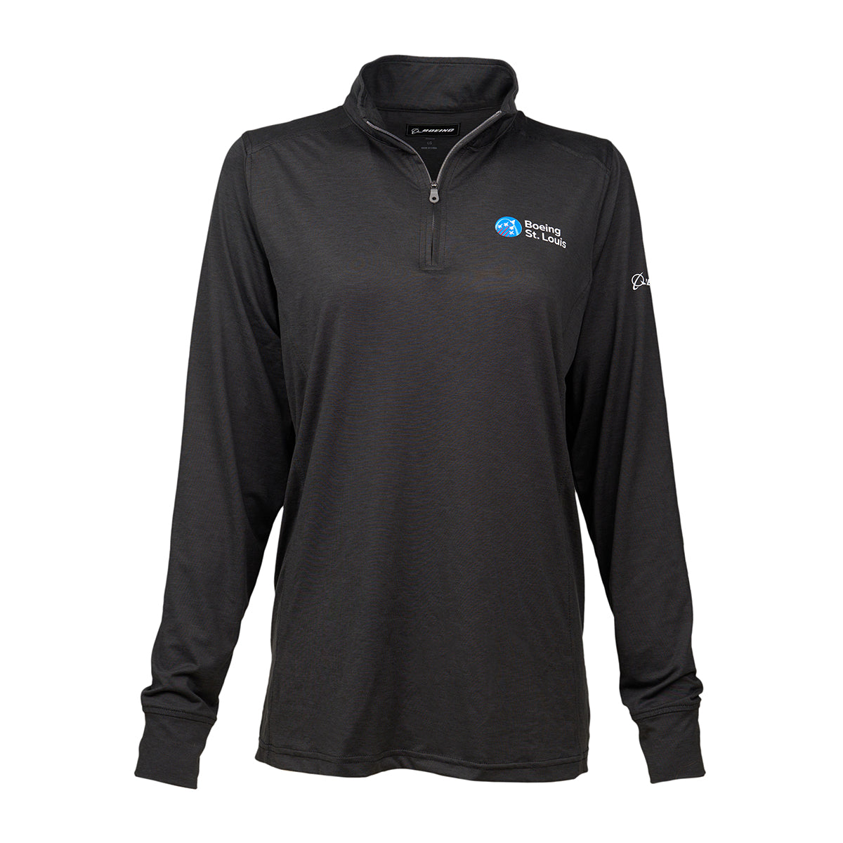 Women's product image of the quarter-zip in black.  Boeing St. Louis log on left chest.  White Boeing logo on left arm.