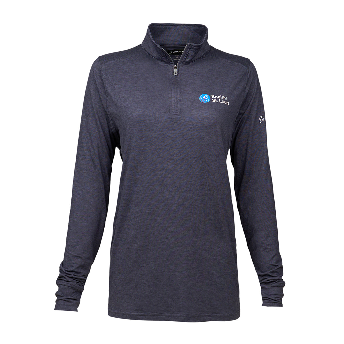 Women's product image of the quarter-zip in navy.  Boeing St. Louis log on left chest.  White Boeing logo on left arm.