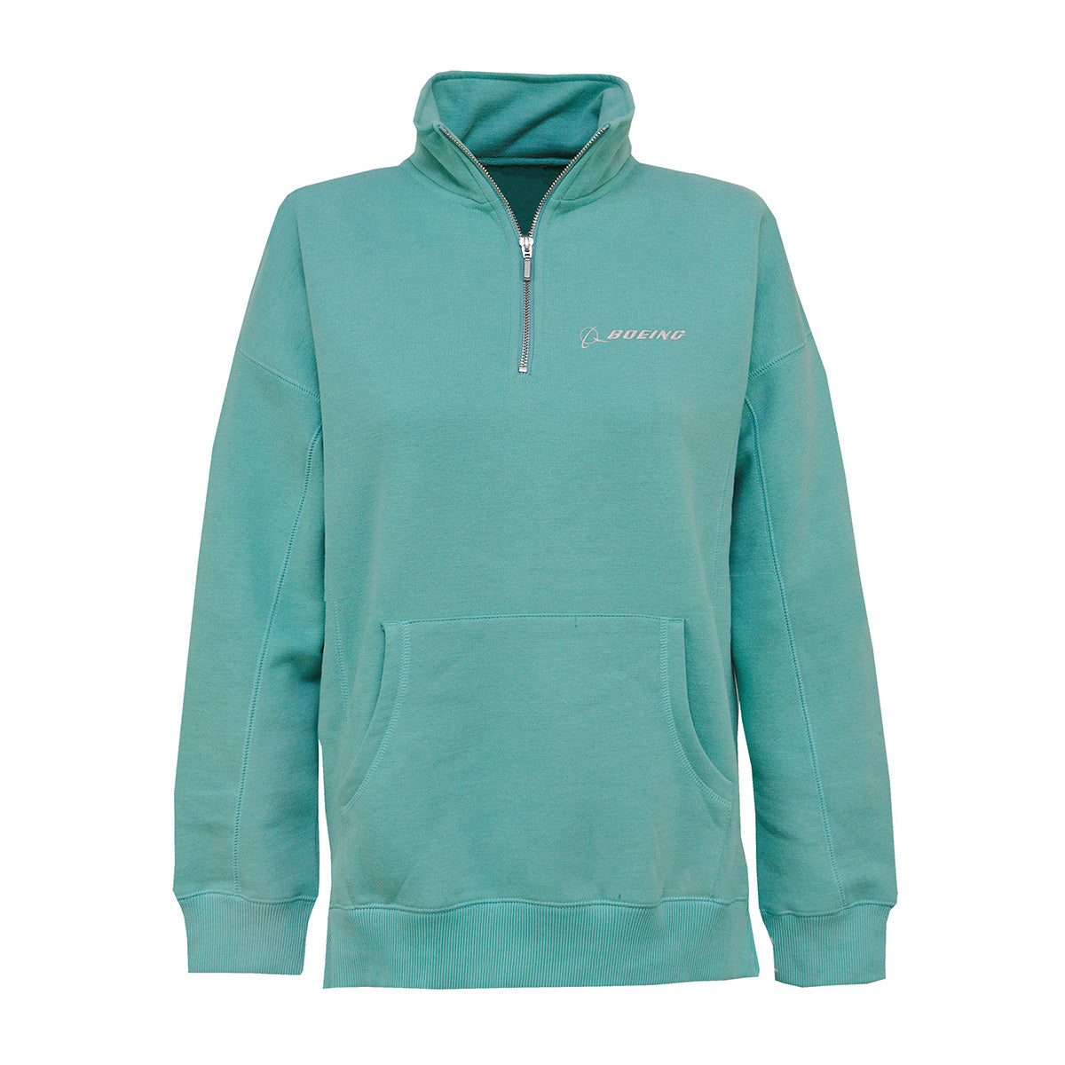 Pullover in capri green color. White Boeing signature logo embroidered on left chest.  Front kangaroo pouch pocket.  Silver color zipper